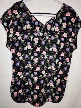 DR2 Black Floral V-Neck Blouse with Pink & Purple Blooms